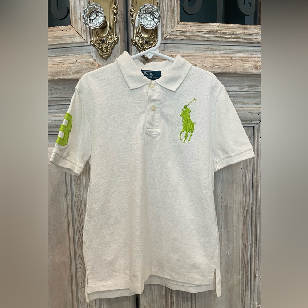 Polo by Ralph Lauren 
Boys size 7 white polo with lime green horse
